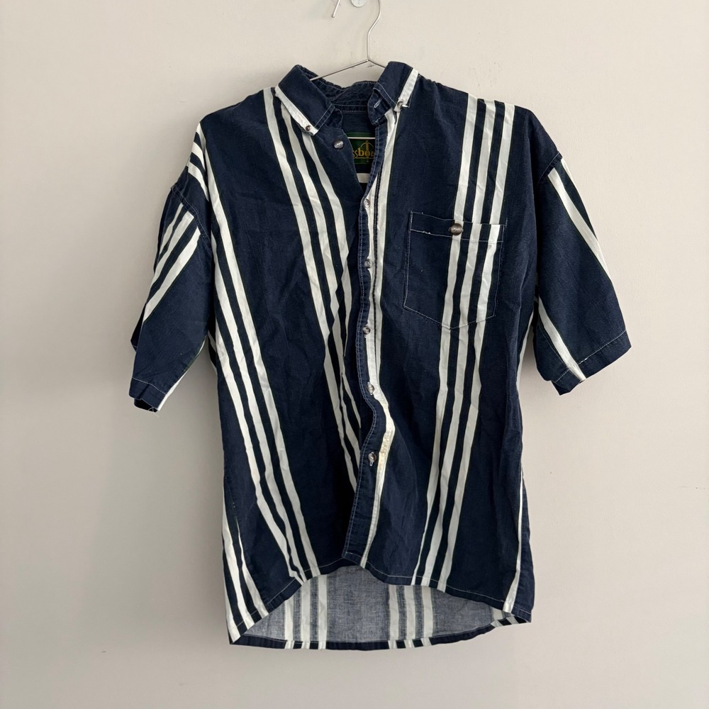Crossbow Mens Short Sleeve Vertical Stripe Button Down Shirt Navy White